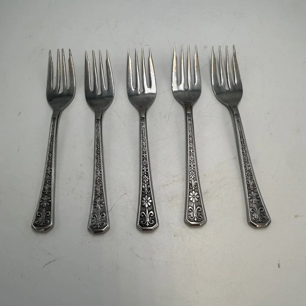 Interpur Florenz Stainless Steel Salad Forks Set of 5 Floral Fleur De Lis